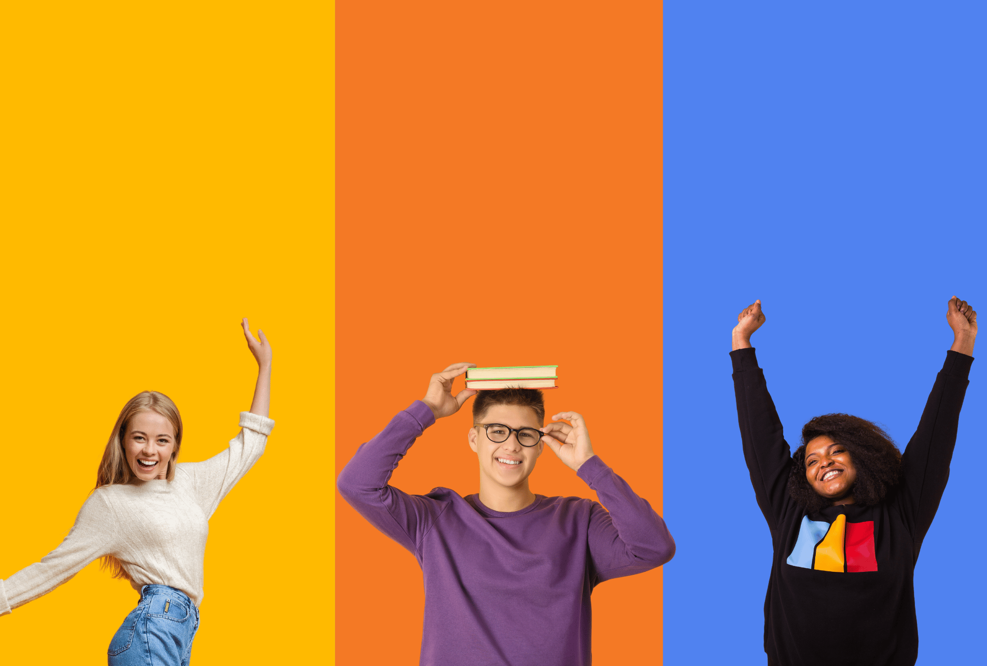 Students jump in front of yellow, orange, and blue background.