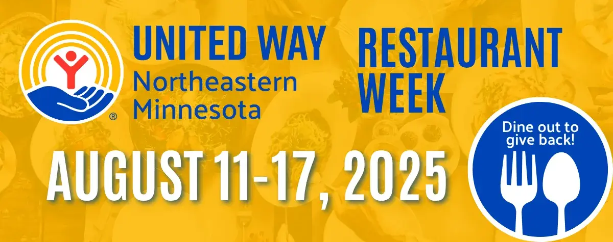 In background, people sharing a meal. In foreground: United Way of NE MN Restaurant Week August 11-17, 2025