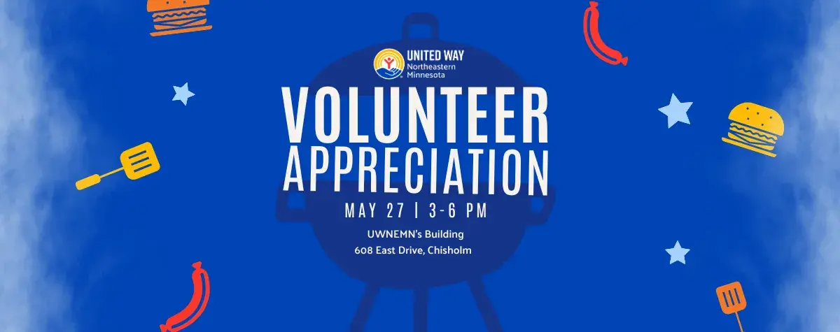 Blue background with red, orange, and yellow barbecue images in background. In gray: UWNEMN Volunteer Appreciation May 23th 3-6 p.m. at UWNEMN's Chisholm Building