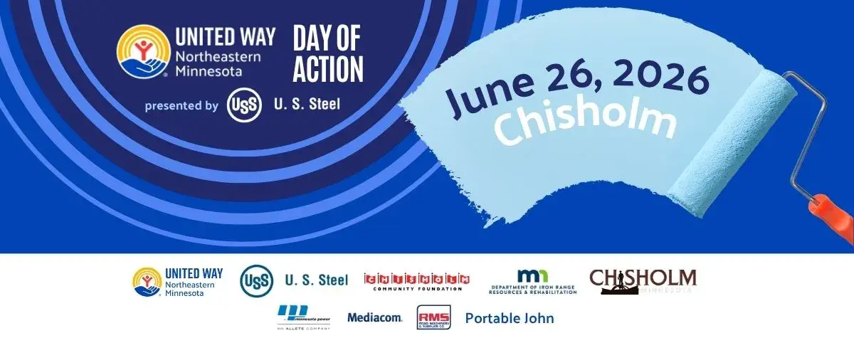 Blue Background. In dark blue circle text reads: UWNEMN Day of Action presented by U.S. Steel. In foreground, paint roller swipes with text: June 26, 2026, Chisholm