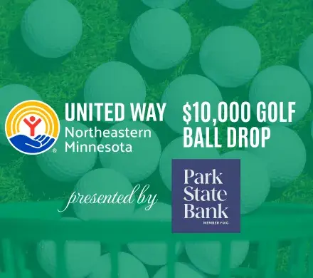 Golf balls on green background. In foreground: UWNEMN $10,000 Golf Ball Drop presented by Park State Bank