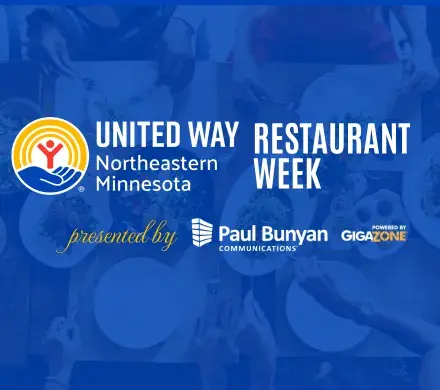 Plates of food on blue background. In foreground: UWNEMN Restaurant Week, presented by Paul Bunyan Communications