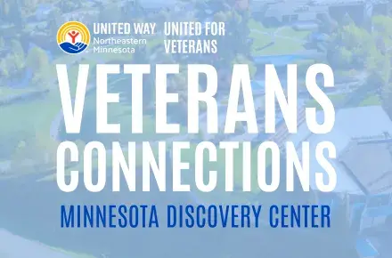 Aerial photo of Minnesota Discovery Center grounds in background. In foreground: Veterans Connections Minnesota Discovery Center