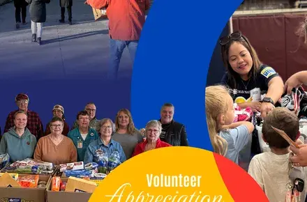 Images of Koochiching County volunteers delivering Winter Warm Up boxes (top left), packing United for Veterans holiday meal baskets (bottom left), and handing children socks at Step Into School (right). In middle, yellow circle: Volunteer Appreciation Luncheon