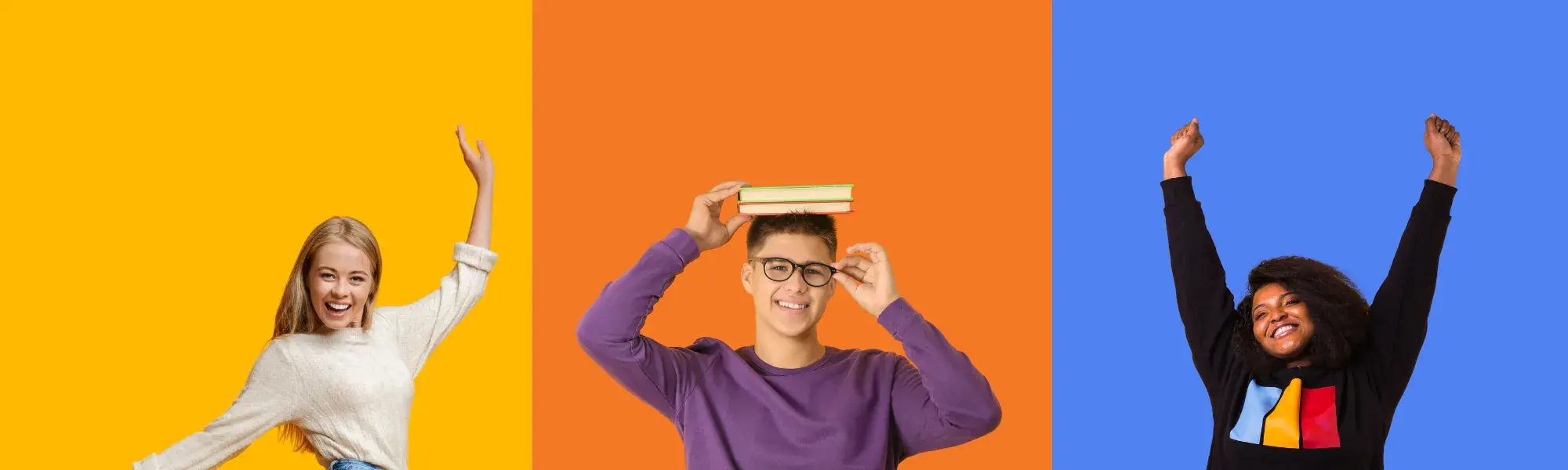 Yellow, orange, and blue color blocks with students celebrating in front.