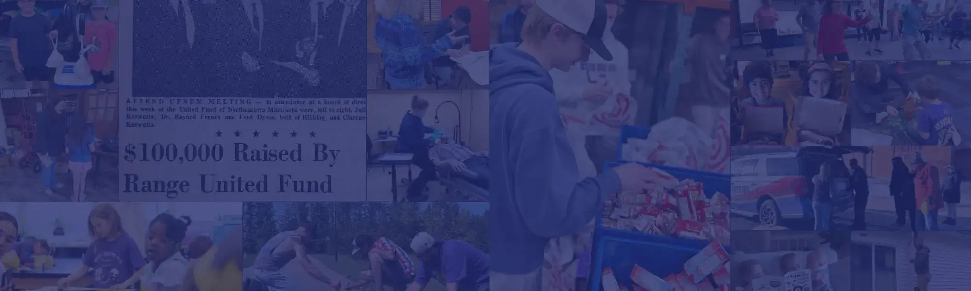 Newspaper clipping from first-ever fund drive and photos of 2025-2026 UWNEMN programming at work