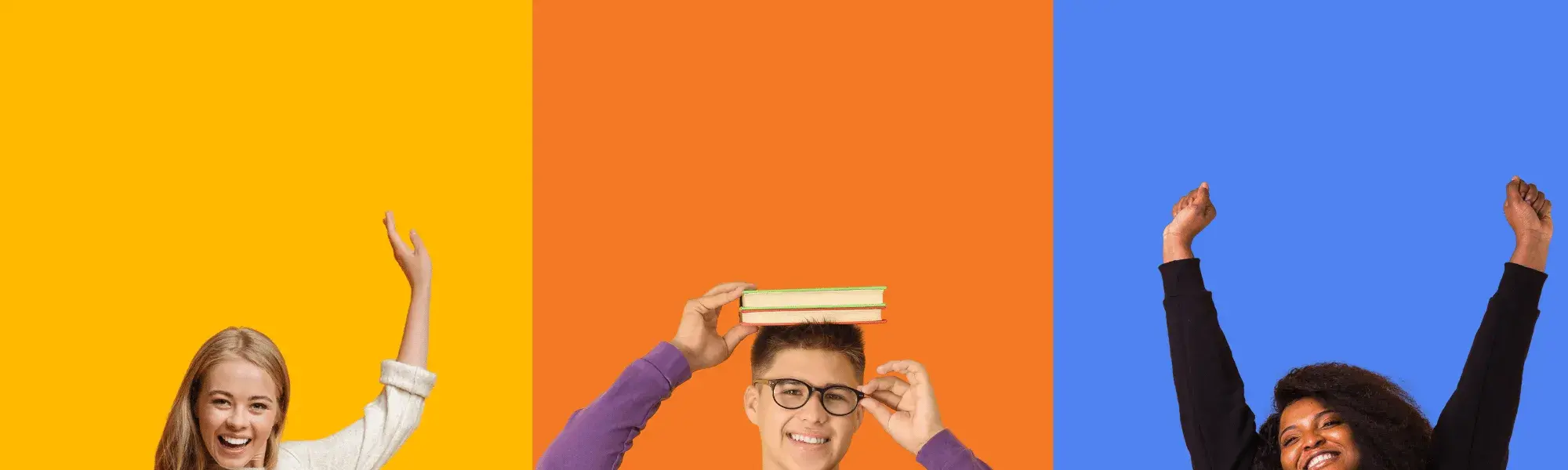 Students jump in front of yellow, orange, and blue background.