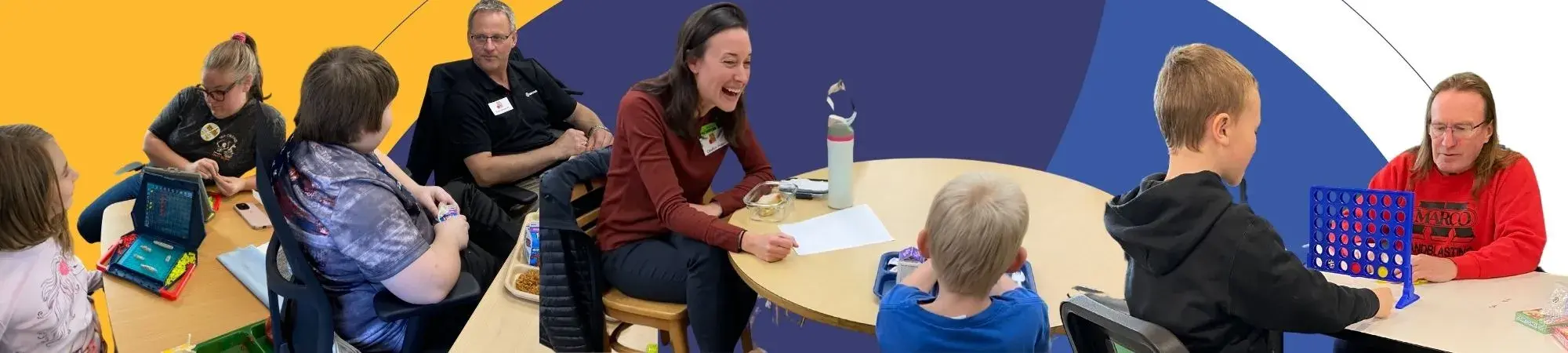 Lunch Buddies mentors and mentees talk and play games in front of a yellow and blue background