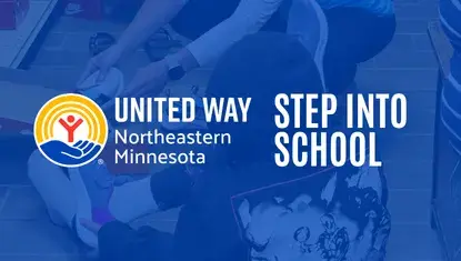 An adult helps a child try on shoes behind blue background. In foreground text reads: Step Into School