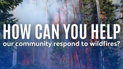 Forest on fire behind blue background; text reads HOW CAN YOU HELP our community respond to wildfires?