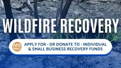 grass grows from charred ground; in foreground text reads WILDFIRE RECOVERY: apply for - or donate to - individual and small business recovery funds